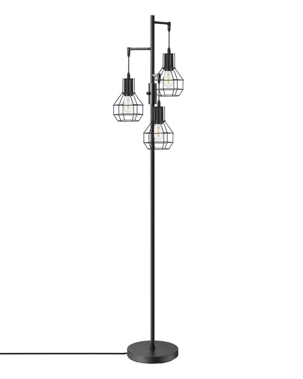 65" Farmhouse Industrial Tree Floor Lamp for Living Room – Diamond Cage Shades, Dimmable LED, Bedroom, Black or Gold, 3-Light