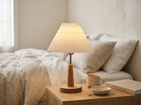 Modern Compact Wooden Table Lamp with Pleated Shade lifestyle