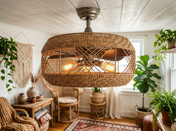 19.7 inch Boho Rattan Caged Ceiling Fan with Light lifestyle