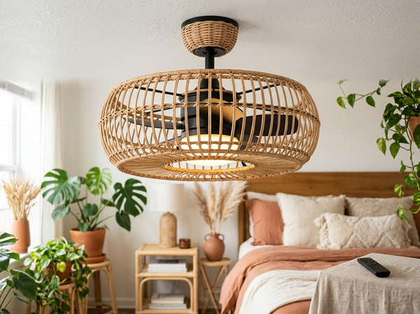 19.6 inch Boho Rattan Caged Ceiling Fan with Light and Remote lifestyle