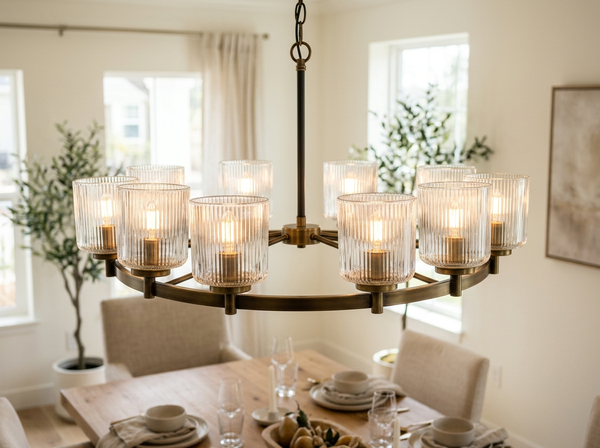 8-Light Clear Ribbed Glass Round Chandelier 30 inch lifestyle