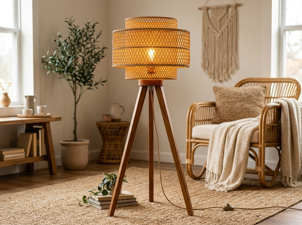 Tripod Floor Lamp with Dual-Layer Rattan Lampshades 62.4 inch lifestyle