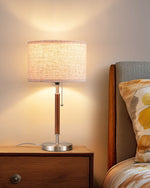 Mid-Century Solid Wood Table Lamp for Bedroom – Pull Chain, Warm Walnut, Nightstand, Living Room, Linen Shade, E26