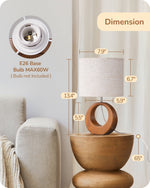 Small Boho Wood Bedside Table Lamp for Nightstand – Dark Pearwood, Beige Linen Shade, Compact, Scandinavian, Bedroom, E26