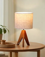 Boho Wooden Tripod Table Lamp for Bedroom – Linen Shade, Nightstand, Bohemian, Living Room, Scandinavian, 4 Wood Finishes