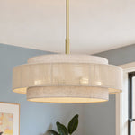 24" 5-Light Boho Drum Chandelier for Dining Room – Fabric & Rope Shades, Kitchen Island, Living Room, Natural, Organic Modern