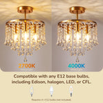 12" 4-Light Crystal Chandelier Flush Mount for Bedroom – Sparkling Luxury, Romantic, Dining Room, Living Room, Glamorous LED