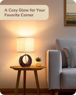 Small Walnut Wood Bedside Table Lamp for Nightstand – 13.4 in, Beige Linen Shade, Bedroom, Scandinavian, E26 Base