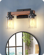Industrial 2-Light Bathroom Vanity Light Over Mirror – Black Metal, Wood Grain, Clear Glass, E26, Farmhouse, Rustic Modern