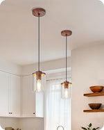Farmhouse Kitchen Island Pendant Lights Set of 2 – Walnut Wood Grain & Clear Glass, Adjustable, Dining Room, Sink, E26