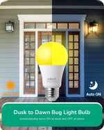 Dusk to Dawn Amber Bug Light LED Bulbs – 4 Pack, 9W, A19, E26, Mosquito Repelling, Outdoor Patio, Porch, 2000K Warm