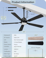 52" IP66 Waterproof Outdoor Ceiling Fan with Light – Black, Patio, Pergola, Gazebo, Covered Porch, Wet Rated, Remote