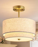 12.6" 3-Light Semi Flush Mount Ceiling Light for Bedroom – Double Drum Linen Shade, Dining Room, Hallway, Gold or Black