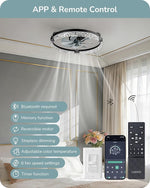20" Bladeless LED Ceiling Fan with Light for Bedroom – Black, App & Remote, Dimmable, 6 Speed, Flush Mount, Low Profile