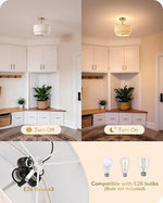 12.6" 3-Light Semi Flush Mount Ceiling Light for Bedroom – Double Drum Linen Shade, Dining Room, Hallway, Gold or Black