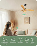 42" Boho Bamboo Ceiling Fan with Light for Bedroom – Handwoven, Remote Control, LED, Reversible, Living Room, Coastal Style