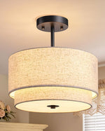 12.6" 3-Light Semi Flush Mount Ceiling Light for Bedroom – Double Drum Linen Shade, Dining Room, Hallway, Gold or Black