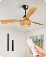 42" Boho Bamboo Ceiling Fan with Light for Bedroom – Handwoven, Remote Control, LED, Reversible, Living Room, Coastal Style