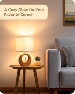 Small Boho Wood Bedside Table Lamp for Nightstand – Dark Pearwood, Beige Linen Shade, Compact, Scandinavian, Bedroom, E26