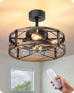 20" Caged Farmhouse Ceiling Fan with Light for Bedroom – Fandelier, Brushed Gold, Remote Control, Dimmable, Small Room, LED