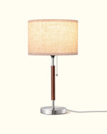 Mid-Century Solid Wood Table Lamp for Bedroom – Pull Chain, Warm Walnut, Nightstand, Living Room, Linen Shade, E26