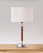 Mid-Century Solid Wood Table Lamp for Bedroom – Pull Chain, Warm Walnut, Nightstand, Living Room, Linen Shade, E26