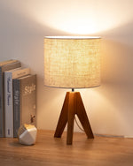 Boho Wooden Tripod Table Lamp for Bedroom – Linen Shade, Nightstand, Bohemian, Living Room, Scandinavian, 4 Wood Finishes