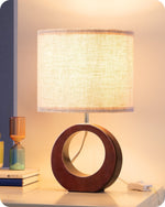 Small Walnut Wood Bedside Table Lamp for Nightstand – 13.4 in, Beige Linen Shade, Bedroom, Scandinavian, E26 Base