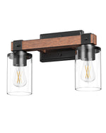 Industrial 2-Light Bathroom Vanity Light Over Mirror – Black Metal, Wood Grain, Clear Glass, E26, Farmhouse, Rustic Modern