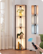 64" LED Corner Shelf Floor Lamp for Living Room – Glass Shelves, Dimmable, Display, Reading, Bedroom, 3 Wood Finishes