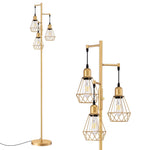 70" Farmhouse Industrial Tree Floor Lamp for Living Room – Diamond Shade, 3 Edison Bulbs, Gold, Home Office, Statement