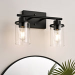 2-Light Black Bathroom Vanity Light Over Mirror – Clear Glass Globe, Matte Black, Modern, E26, Damp Rated, Contemporary
