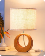 Small Boho Wood Bedside Table Lamp for Nightstand – Dark Pearwood, Beige Linen Shade, Compact, Scandinavian, Bedroom, E26