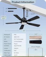 42" IP66 Waterproof Outdoor Ceiling Fan with Light – Black, Patio, Pergola, Gazebo, Compact, Wet Rated, Remote Control