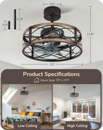 20" Caged Farmhouse Ceiling Fan with Light for Bedroom – Fandelier, Brushed Gold, Remote Control, Dimmable, Small Room, LED