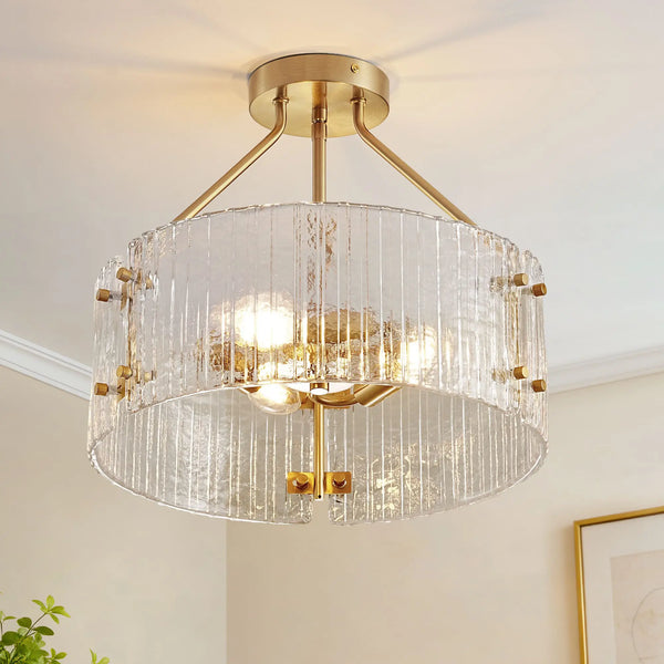 3-Light Ribbed Clear Glass Flush Mount Ceiling Light for Dining Room – Handcrafted, Premium, Bedroom, Living Room, Modern