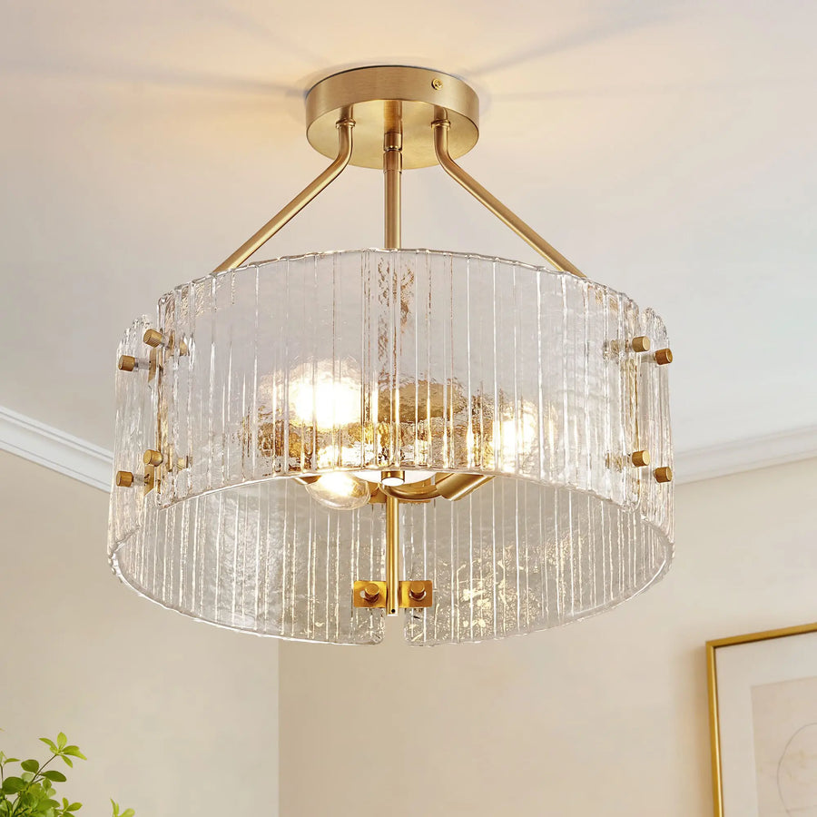 3-Light Ribbed Clear Glass Flush Mount Ceiling Light for Dining Room – Handcrafted, Premium, Bedroom, Living Room, Modern