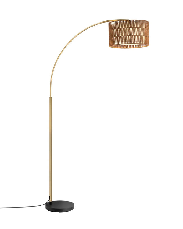 76" Rattan Arc Floor Lamp for Living Room – Dual Shades, Remote Dimmable, Natural Woven, Boho, Bedroom, Bulb Included, Gold
