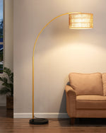 76" Rattan Arc Floor Lamp for Living Room – Dual Shades, Remote Dimmable, Natural Woven, Boho, Bedroom, Bulb Included, Gold