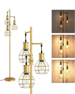 65" Farmhouse Industrial Tree Floor Lamp for Living Room – Diamond Cage Shades, Dimmable LED, Bedroom, Black or Gold, 3-Light