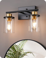 2-Light Matte Black Bathroom Vanity Light – Clear Glass Shades, Modern, Over Mirror, E26, Damp Rated, Contemporary Fixture