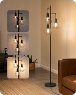 65" Farmhouse Industrial Tree Floor Lamp for Living Room – Diamond Cage Shades, Dimmable LED, Bedroom, Black or Gold, 3-Light