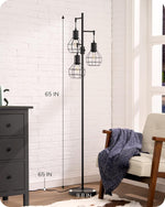 65" Farmhouse Industrial Tree Floor Lamp for Living Room – Diamond Cage Shades, Dimmable LED, Bedroom, Black or Gold, 3-Light