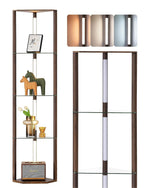 64" LED Corner Shelf Floor Lamp for Living Room – Glass Shelves, Dimmable, Display, Reading, Bedroom, 3 Wood Finishes