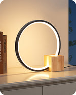 Modern O-Shaped LED Table Lamp for Bedroom – Solid Wood Base, Sculptural Ring Light, Nightstand, Japandi, No Bulb Needed
