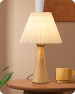 Compact Wood Table Lamp for Bedside – White Pleated Shade, Natural Ash, Dark Walnut, Scandinavian, Nightstand, E26 Base