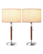 Mid-Century Solid Wood Table Lamps Set of 2 for Bedroom – Pull Chain, Silver, Linen Shade, Nightstand, Living Room, Accent