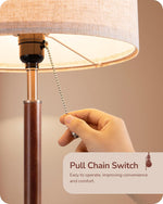 Mid-Century Solid Wood Table Lamps Set of 2 for Bedroom – Pull Chain, Silver, Linen Shade, Nightstand, Living Room, Accent