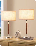 Mid-Century Solid Wood Table Lamps Set of 2 for Bedroom – Pull Chain, Silver, Linen Shade, Nightstand, Living Room, Accent