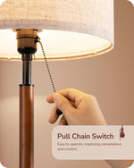 Mid-Century Solid Wood Table Lamps Set of 2 for Bedroom – Pull Chain, Black, Linen Shade, Nightstand, Living Room, Home Office